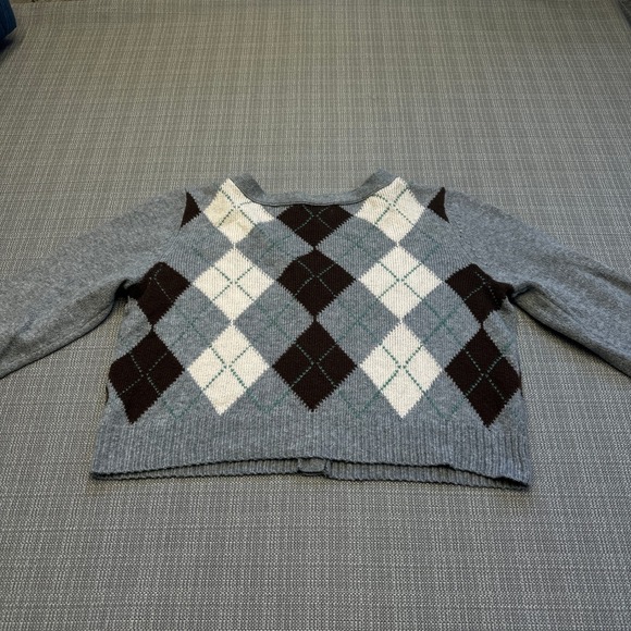 Y2K Preppy Academia Cropped Argyle Sweater Womens Medium Grey Brown - Picture 4 of 9